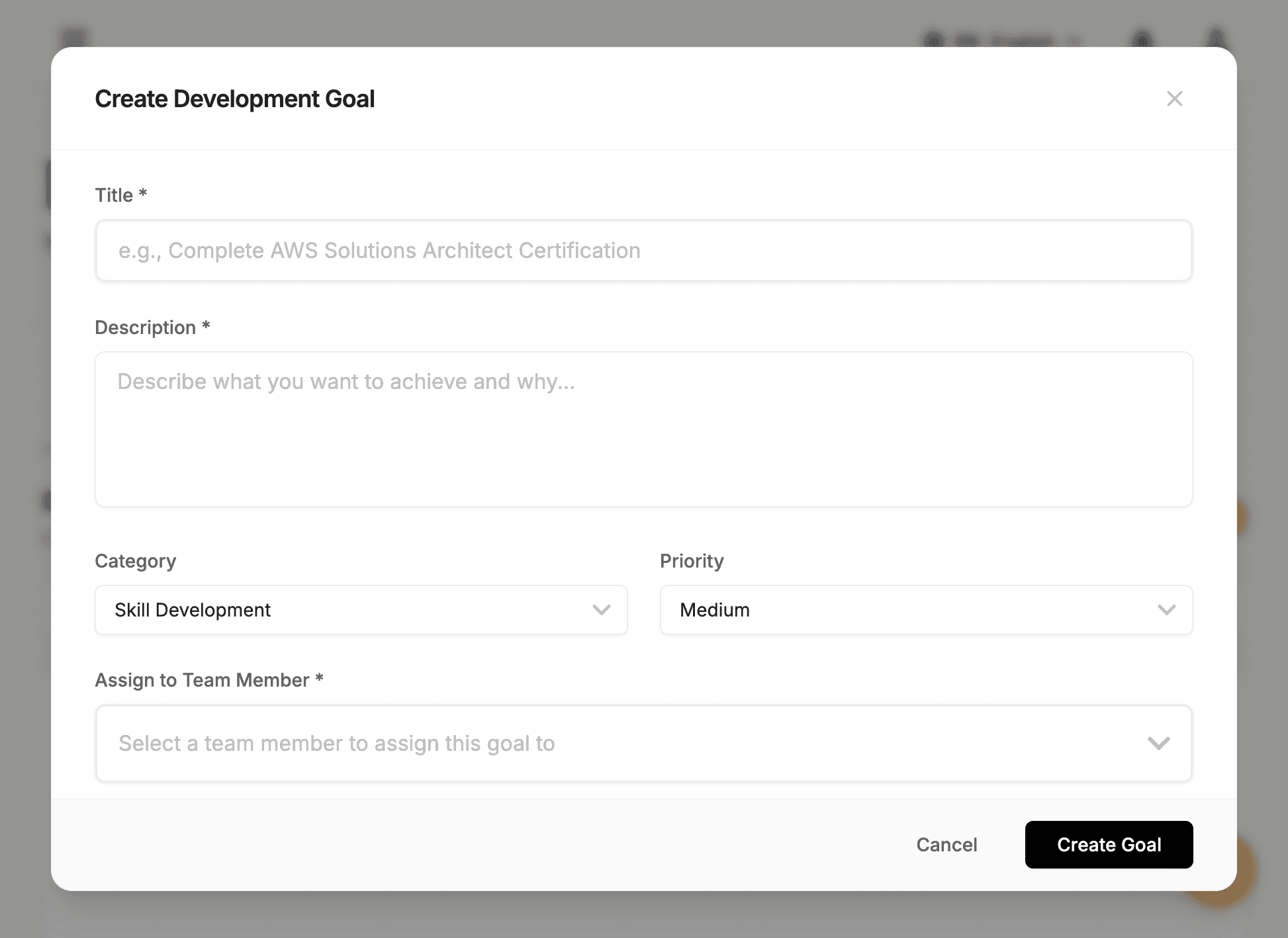 Create Development Goal - Streamlined interface for creating development goals with title, description, type, category, priority, target date, platform, cost, and skills.