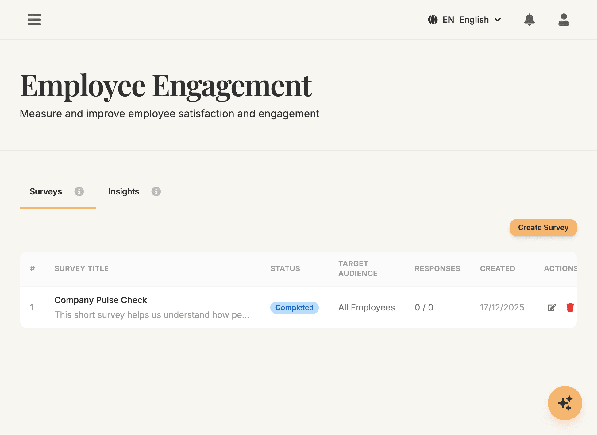 Tableau de bord enquêtes - Enquêtes actives, taux de réponse et métriques d'engagement.