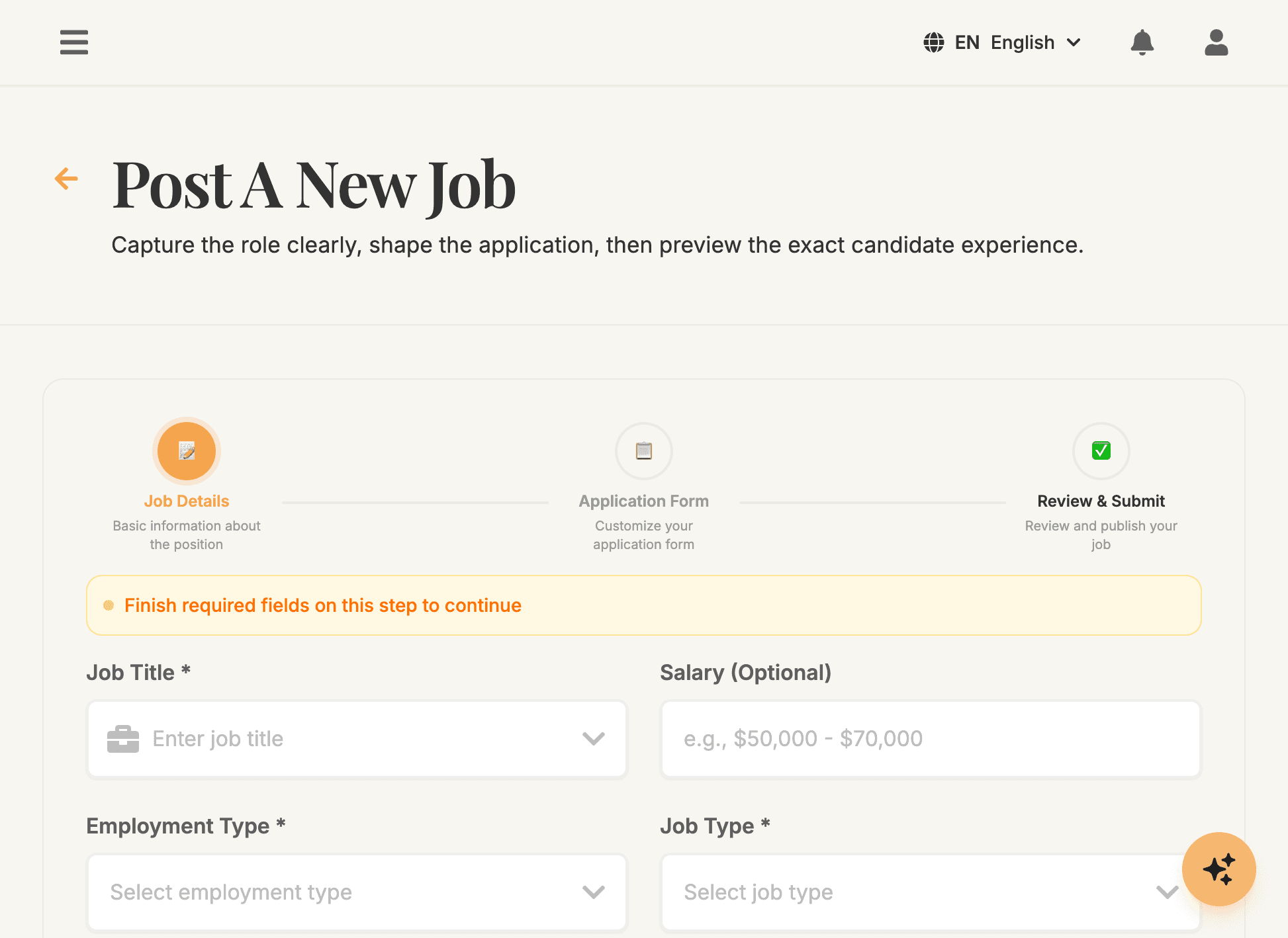 Create Job With AI - Post New Job form with structured role fields and AI-assisted description generation. Helps teams draft high-quality job descriptions faster and standardize job posting quality.