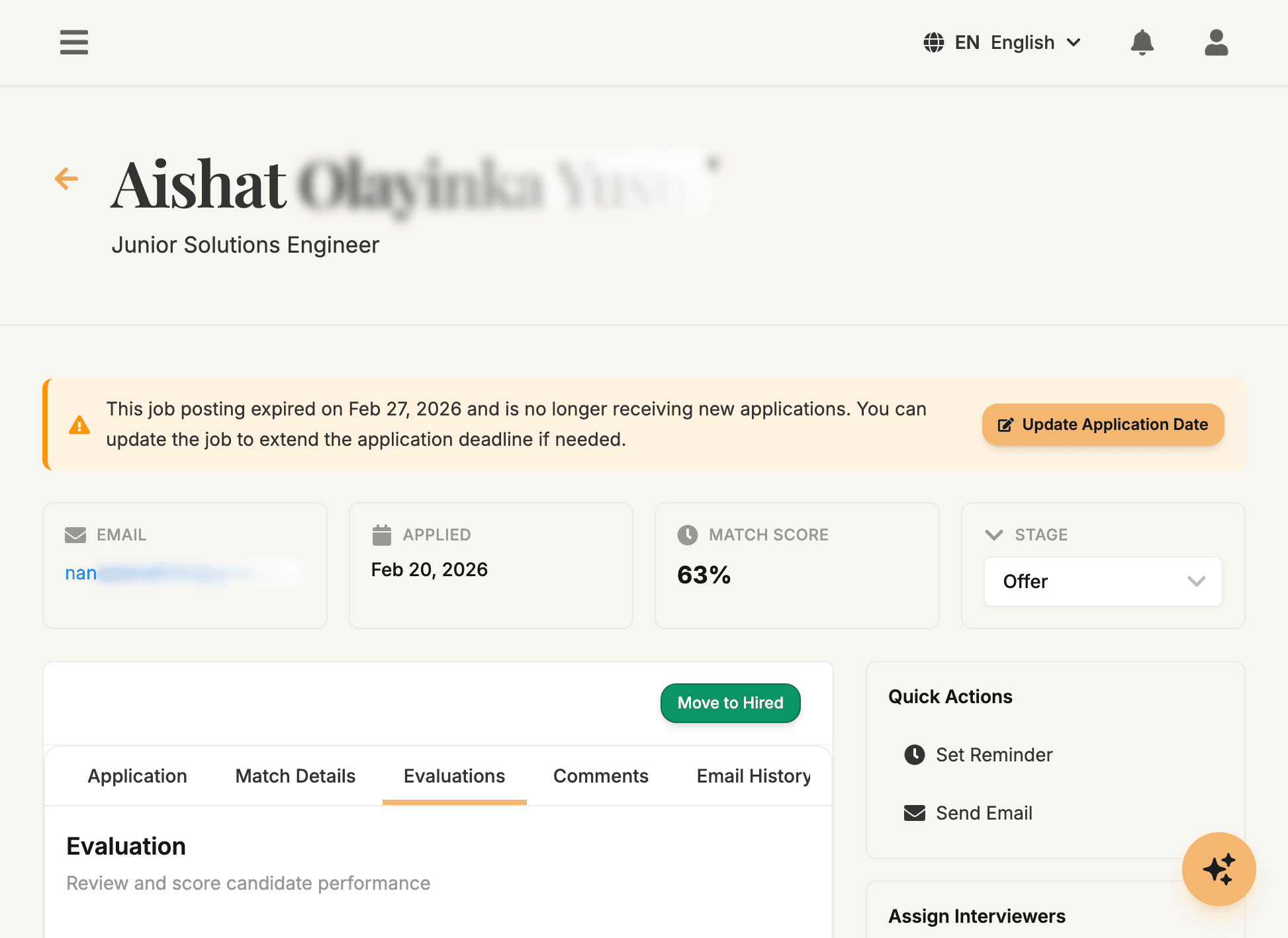 Recruitment product dashboard screenshot