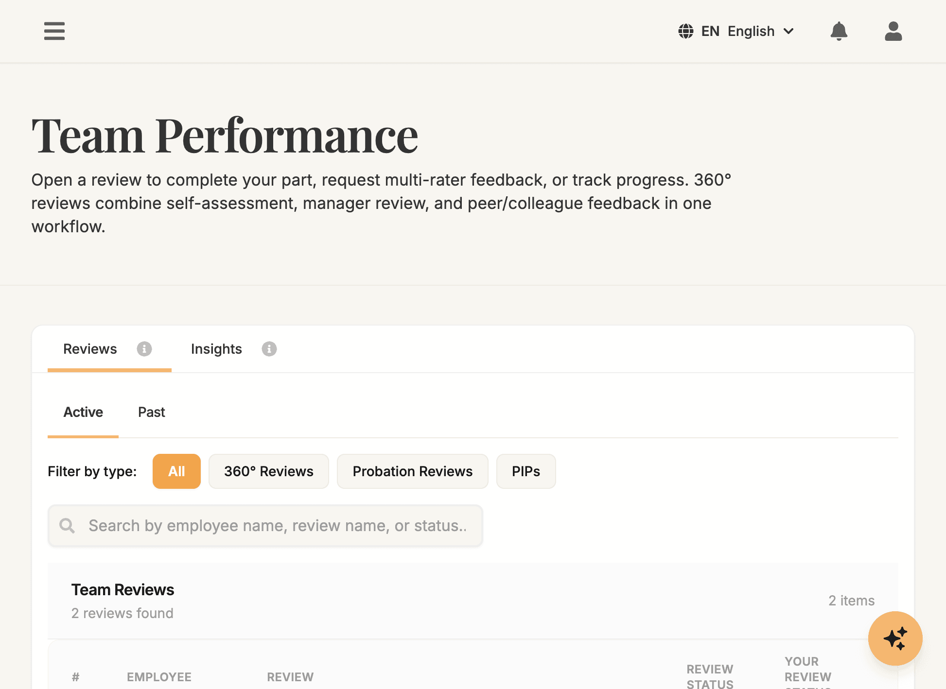 Performance Dashboard - Performance overview with key metrics, active reviews, completion rates, and performance trends.