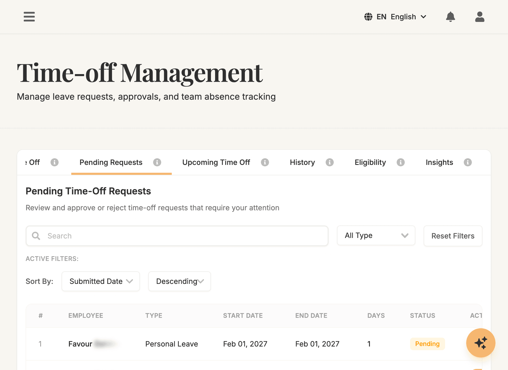 Time-Off Balance - Comprehensive time off overview with leave balances, pending requests, and usage statistics.