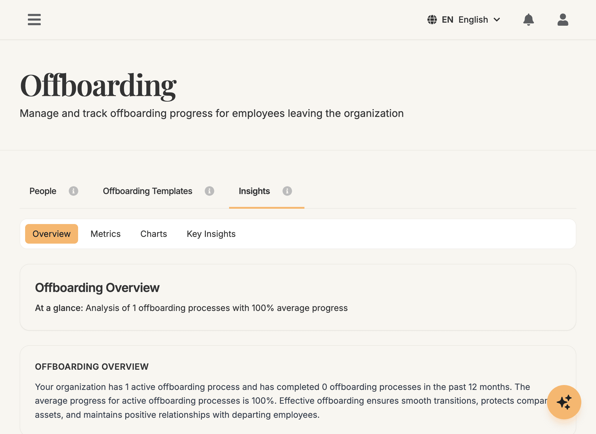 Offboarding Overview Dashboard - Comprehensive dashboard consolidating progress tracking, active tasks, and completion metrics in one interface. Enables quick assessment of offboarding status and identification of employees who need support.